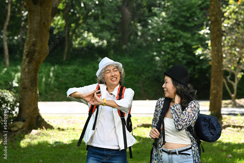 Obraz premium Joyful senior women talking each other while walking at nature park. Retirement, people and outdoor activity concept