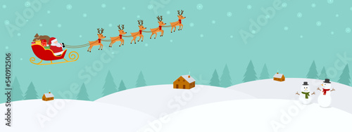 Merry Christmas banner vector illustration, Santa Claus flying sleigh with gifts and reindeer on snowflake sky over winter white snow landscapes village with snowman, calibration holiday background.