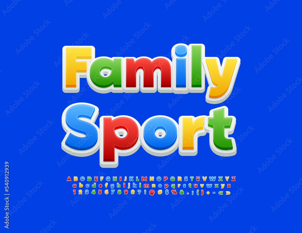 Vector colorful sign Family Sport. Trendy bright Font. Creative set of Alphabet Letters, Numbers and Symbols