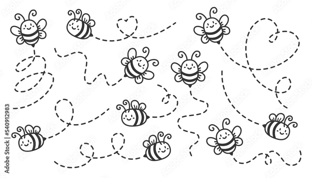 Bee path bundle. Cartoon bee flying route. The flight path. Honey bee collection