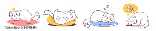 Vector set of illustration of happy cute cat character in different sleeping pose on pillow with fish on color background. Flat line art style design of animal cat