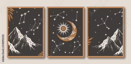 Abstract boho mountain poster collection. Set of contemporary art print templates. Nature backgrounds for your social media. Sun and moon, constellations, mountains