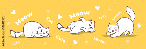 Vector set of illustration of happy cute cat character in different pose with word and heart on yellow color background. Flat line art style design of animal cat