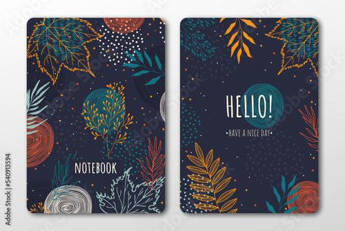 Cover design with floral pattern. Hand drawn plants. Scandinavian artistic background with herbs. Invitation, greeting card, cover book, notebook. Vector illustration