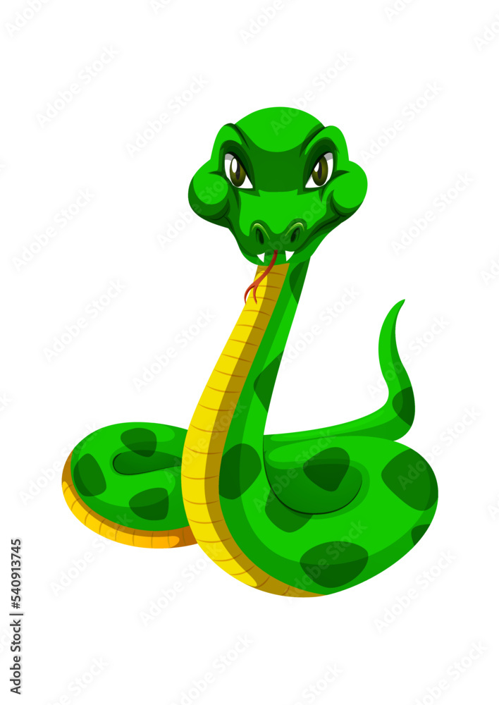 Fototapeta premium Cartoon green snake on white background. Vector snake