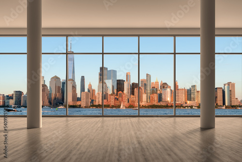 Downtown New York City Lower Manhattan Skyline Buildings. High Floor Window. Beautiful Expensive Real Estate. Empty room Interior Skyscrapers View Cityscape. Financial district. Night. 3d rendering.