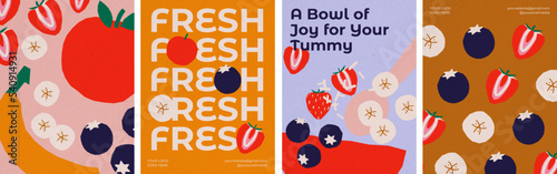 A Set of 4 Colorful Vectorized Cubism Inspired Fruity Smoothie Bowl Poster. Promotional Poster for Smoothie Bowl Store. Vector Drawn Illustration.
