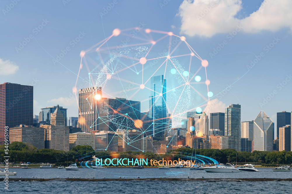 Fototapeta premium City view of Downtown skyscrapers of Chicago skyline panorama over Lake Michigan, harbor area, day time, Chicago, Illinois, USA. Decentralized economy. Blockchain, cryptography concept, hologram