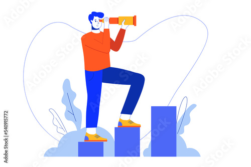 Businessman searching for opportunities web concept. Development strategy, new business, career growth. Illustration in minimal flat design for blog, app design, onboarding screen, social media photo