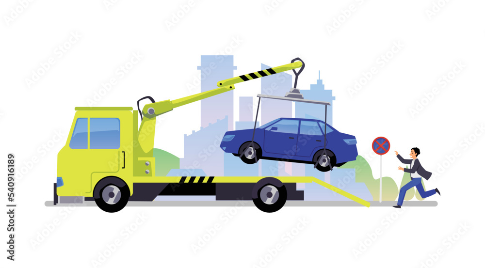 Tow truck that tows the car for wrong parking flat vector illustration isolated.