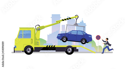 Tow truck that tows the car for wrong parking flat vector illustration isolated. © sabelskaya