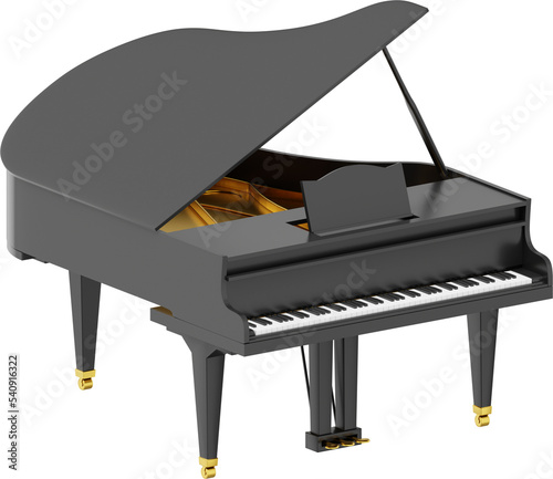Realistic black grand piano, musical instrument. 3d rendering. PNG icon on transparent background.