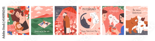 Love card designs set for Saint Valentine Day. Cute romantic vertical postcards templates with people and cats couples for 14 February holiday greeting. Modern colored flat vector illustrations