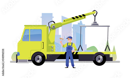 Driver of car towing truck on highway road, flat vector illustration isolated.
