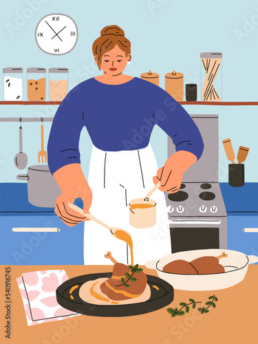 Woman cooking dish for home dinner at kitchen. Girl serving turkey leg, meat with sauce. Female character cooks, prepares homemade food, holiday meal, chicken for evening. Flat vector illustration