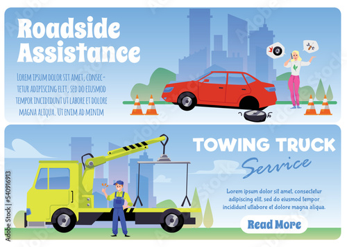 Set of website banner templates about towing truck service and roadside assistance