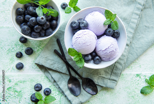 Homemade blueberry ice cream with fresh blueberries