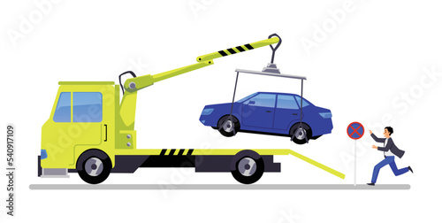 Tow truck lifting improperly parked car, upset man running - flat vector illustration isolated on white background.