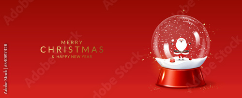 Christmas and New Year greeting card with transparent snow globe with Santa Claus.