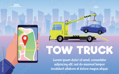 Tow truck service advertising banner, vector illustration.