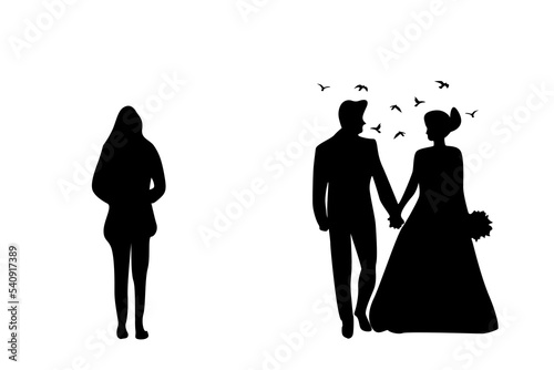 Comparison of a happily married man and woman and an unhappy woman alone black and white silhouette concept