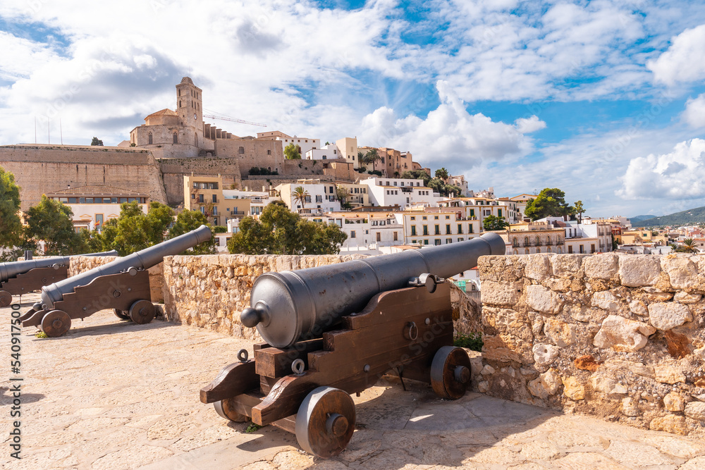 Medieval cannons of the Ibiza castle wall and the cathedral in the background, Balearic Islands, Eivissa