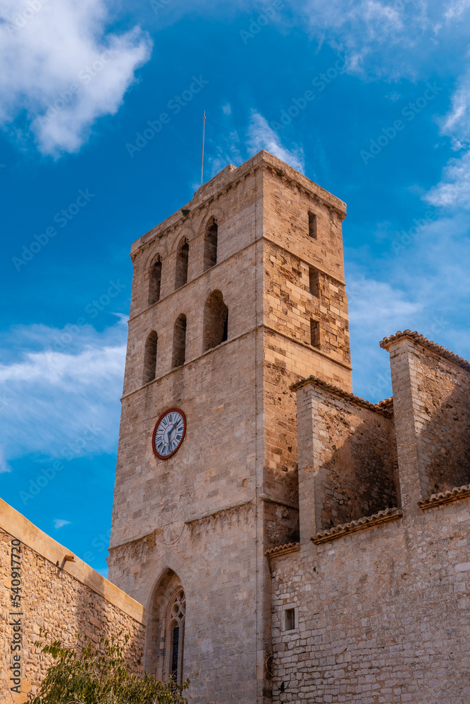 The beautiful cathedral of Santa Maria from the wall of the medieval castle of Ibiza, Balearic Islands, Eivissa
