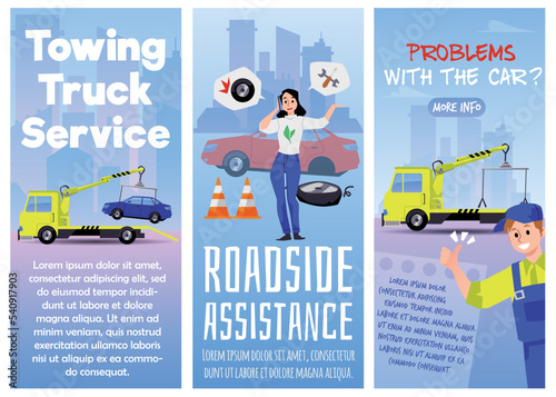 Set of flyers about towing truck service and roadside assistance flat style