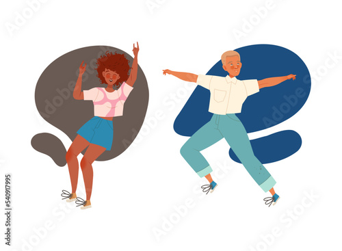 Happy Man and Woman Character Jumping with Joy Feeling Excitement Vector Set