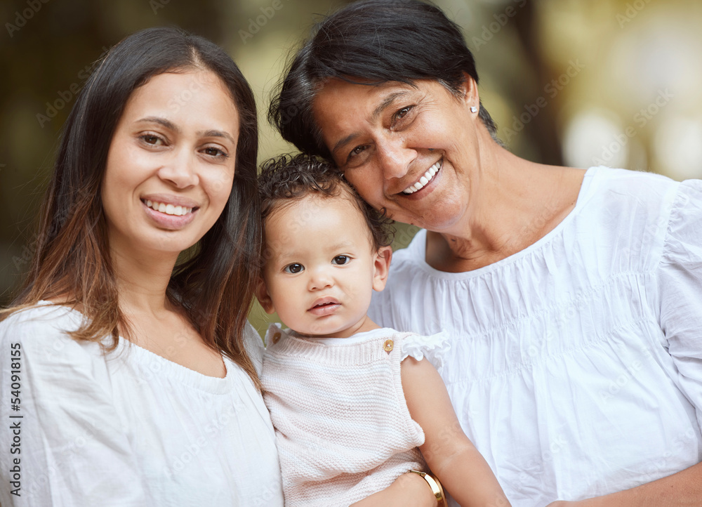 Family, love and park portrait with baby, mother and grandmother relax, smile and bond in nature in Mexico. Happy family, women and girl enjoying fun in summer with parent and grandma in a forest Family, love and park portrait with baby, mother and grandmother relax, smile and bond in nature in Mexico. Happy family, women and girl enjoying fun in summer with parent and grandma in a forest