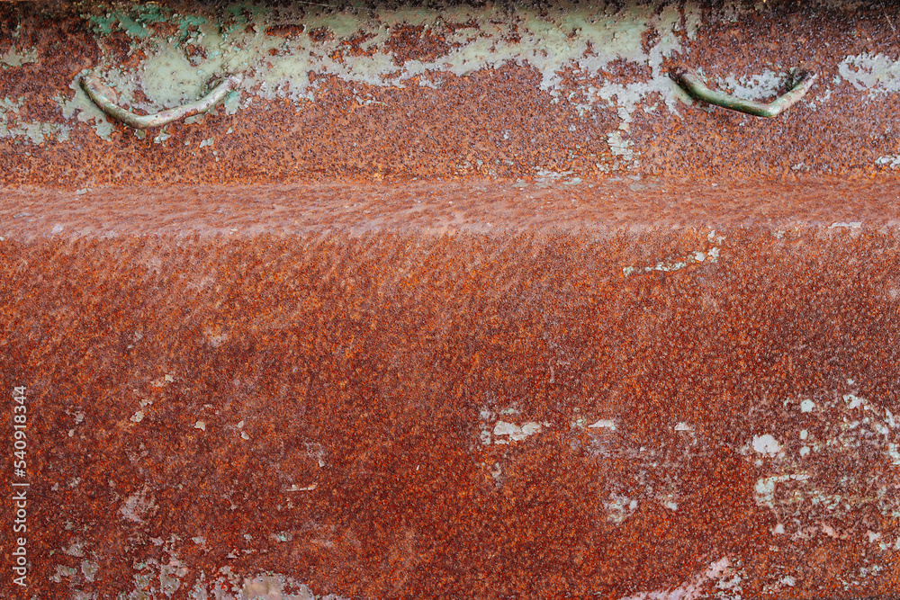 Corner of a rusted metal box. Orange degraded dented texture - obrazy, fototapety, plakaty 
