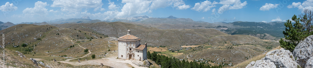 Extra wide angle Panoramic view from Rocca Calascio on Campo Imperatore and the Gran Sasso massif