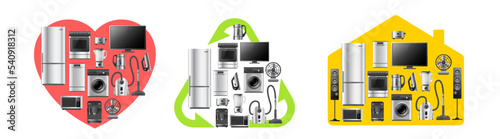 Vector set of illustration of different shape with realistic silver color different appliance on white background. 3d style shine appliance collection design