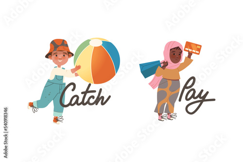 Little Boy and Girl Catching Ball and Paying with Credit Card as Verb Expressing Action for Kids Education Vector Set photo