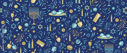 Happy Hanukkah Seamless Pattern with traditional holiday symbols. Jewish holiday Hanukkah vector background.