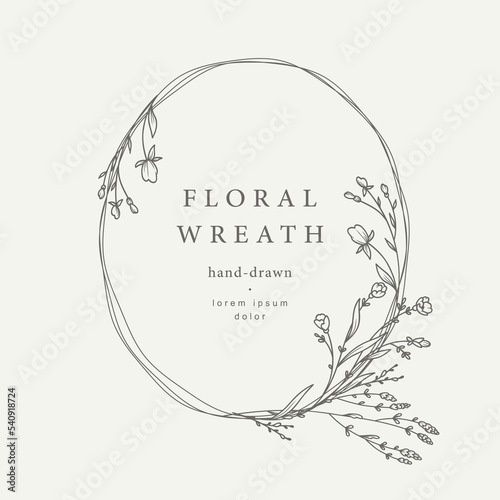 Hand drawn line floral frame. Elegant vintage wreath. Logo template.Vector illustration botanical decoration elements for label, branding business identity, wedding invitation, greeting card