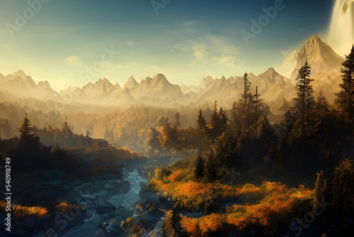 A foggy  mysterious  fantasy landscape with mountains and forests. 