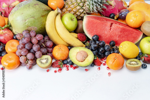 Set of colorful exotic fruits, oranges and watermelons.