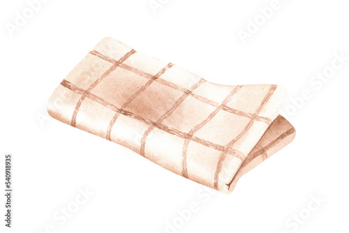 The checkered towel lies folded. Watercolor illustration. Isolated on a white background.
