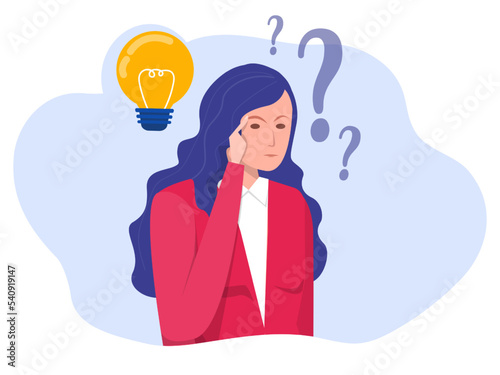 creative thinking concept woman with question mark and light bulb icon search for idea process illustrator vector