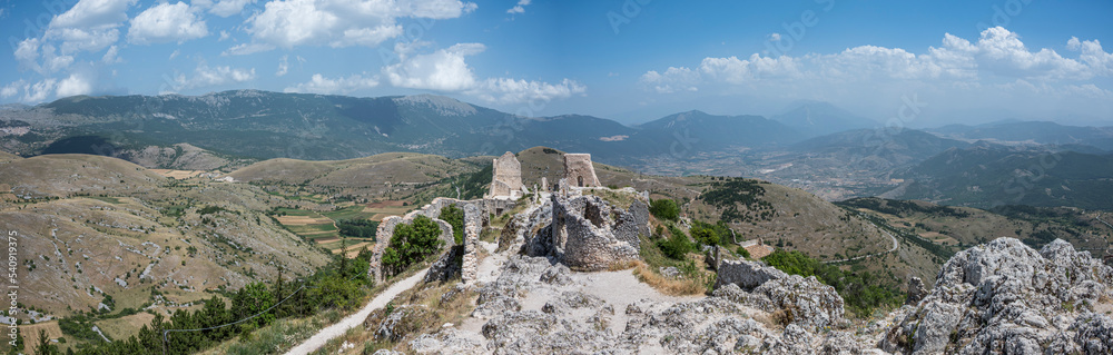 Extra wide angle view of The ancient castle of Rocca Calascio where the film Ladyhawke was filmed with the beautiful mountains and hills of Abruzzo in the background