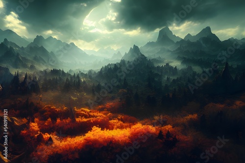 A foggy, mysterious, fantasy landscape with mountains and forests.  © ECrafts