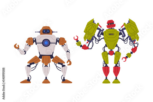 Metal Robot Machine with Limbs for Labor Automation Vector Set
