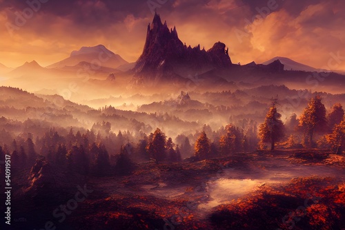 A foggy, mysterious, fantasy landscape with mountains and forests. 