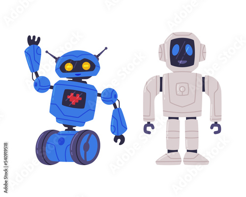 Metal Robot Machine with Limbs for Labor Automation Vector Set