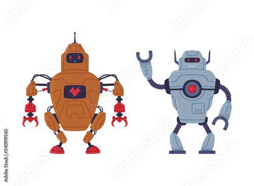 Metal Robot Machine with Limbs for Labor Automation Vector Set