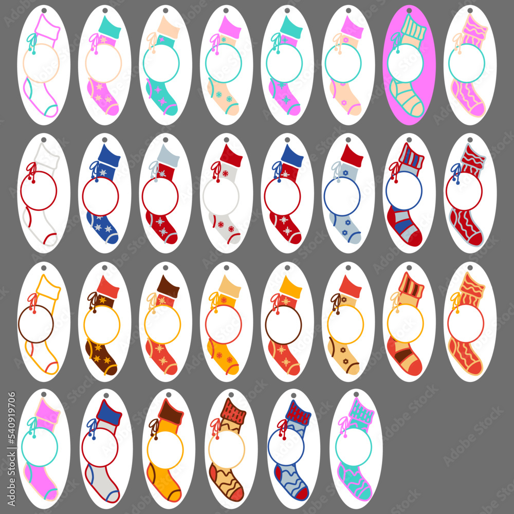 Christmas labels. Socks on a white background. Doodle drawing. Rectangular tag. Collection of Christmas price tags. Christmas templates for paper cutting. Christmas labels. Socks on a white background. Doodle drawing. Rectangular tag. Collection of Christmas price tags. Christmas templates for paper cutting.