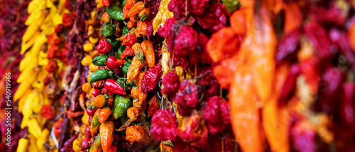 colorful dried peppers hanging in spice market. banner with copy space