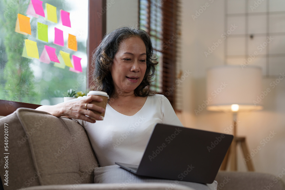 Naklejka premium Elderly Asian woman using laptop sitting on sofa at home