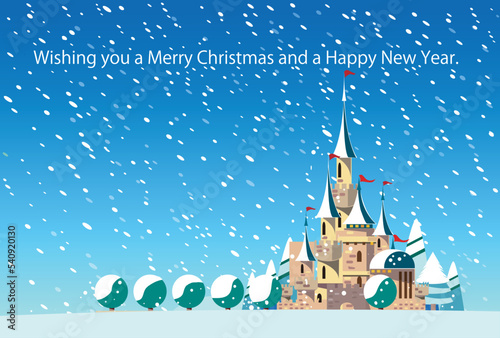 お城に雪が降るクリスマスとニューイヤーカード